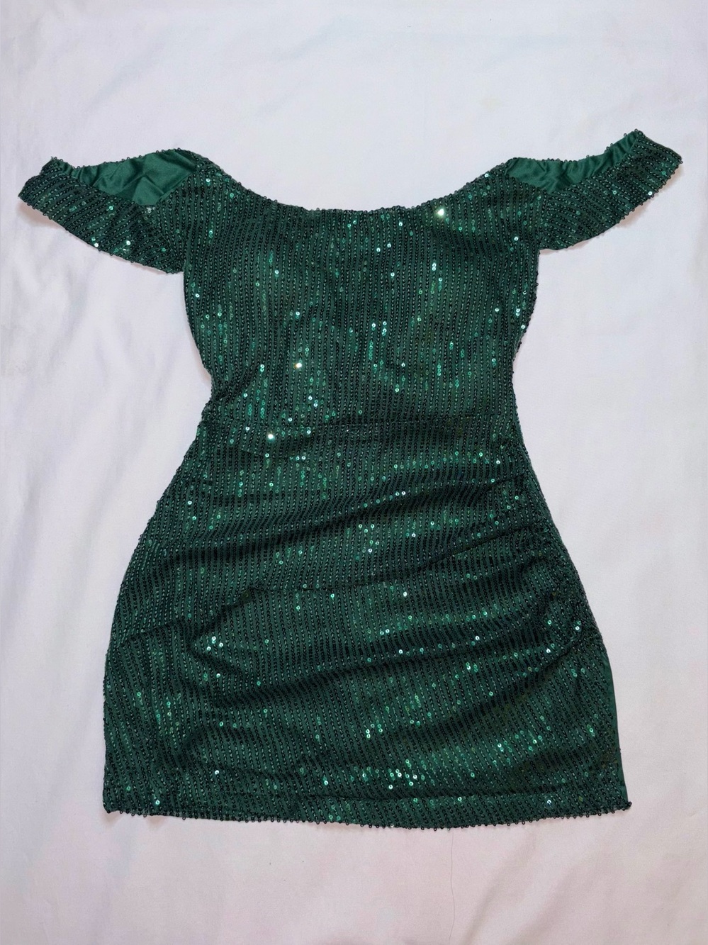 Emerald Green Sequin Off Shoulder Open Back Bodycon Mini Dress Women’s Size S
